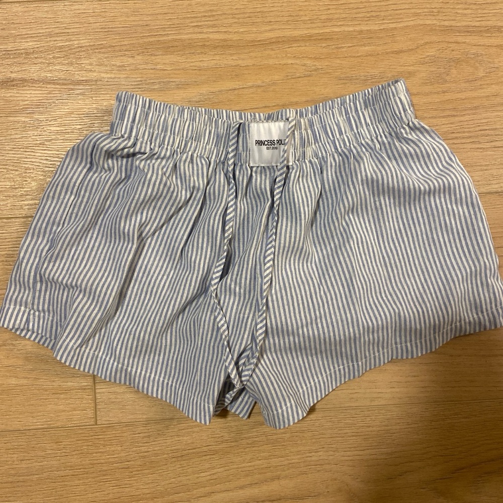 Princess Polly High Waist Blue and White Striped Shorts